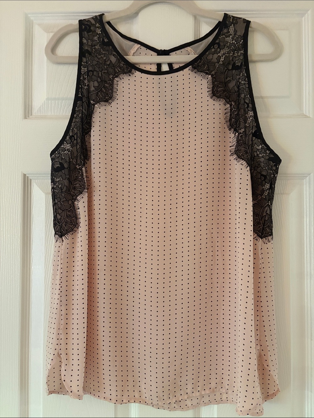 LOFT Blush Pink Polka Dot Tank with Black Lace Trim